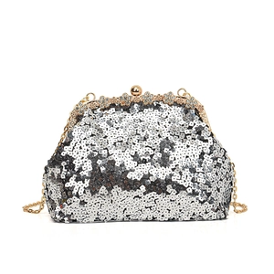 Elegant silver sequin evening clutch with gold flower rhinestone clasp and chain strap