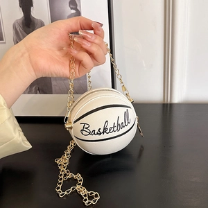 Basketball Shaped Crossbody Bag Mini Round PU Leather Shoulder Pouch With Gold Metal Chain For Women Girls Stylish Novelty