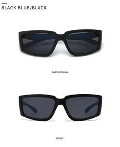 Vues détaillée de face et de dessus de lunettes de soleil carrées noires à la mode