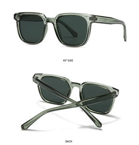 Detail view of square grey-green resin sunglasses showing 45-degree side and back structure