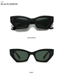 Vue détaillée des lunettes de soleil ovales noir mat avec verres vert foncé de face et de haut