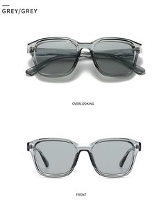 Front and top view of modern square gray sunglasses with specifications on the temple arm