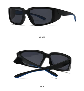Vue détaillée des lunettes de soleil de sport carrées noires montrant le profil et l'arrière