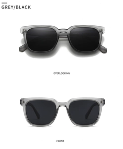 Top and front view of grey translucent square sunglasses with deep black lenses