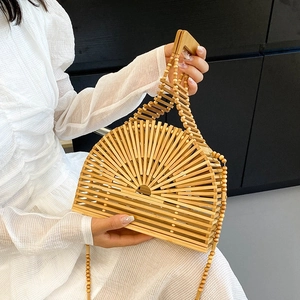 Sac À Main En Bambou Tissé À La Main Demi-Cercle Ajouré Sac À Épaule Bandoulière Vacances Plage Femmes