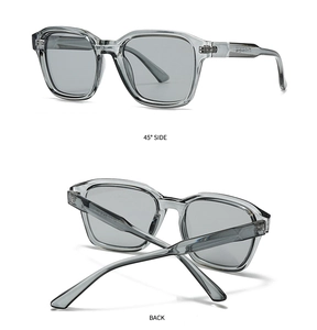 Detail view of modern square sunglasses with transparent grey frame and 45-degree side angle