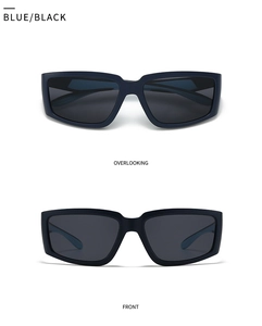Vues de face et de dessus de lunettes de soleil bleues rectangulaires aux verres gris foncé