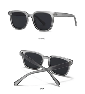 Detail view of square matte gray sunglasses showing side angle and back view specifications
