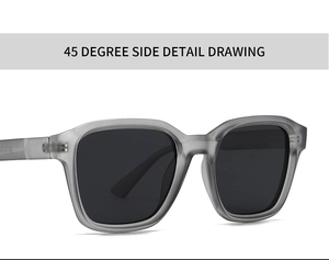 45-degree side view of modern retro square sunglasses with grey translucent frames