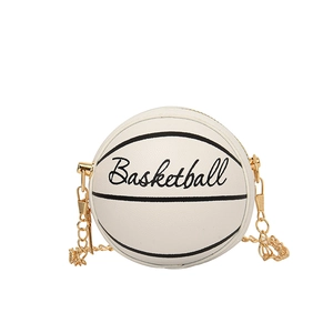 Chic white basketball shaped crossbody bag with gold chain strap and artistic lettering