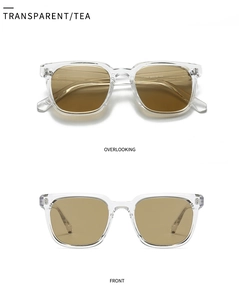 Detailed views of transparent square sunglasses with tea lenses from top and front angles