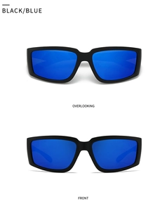 Vues de face et de dessus de lunettes de soleil carrées noir mat avec verres bleus