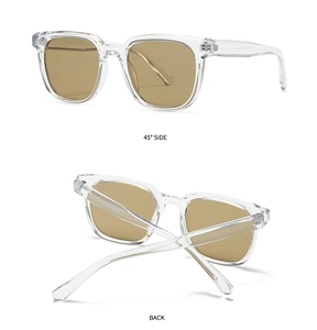 Detail view showing the 45-degree side and back of transparent square frame sunglasses