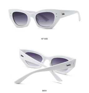Vues détaillées de lunettes de soleil œil-de-chat blanches avec verres violets dégradés