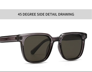 45-degree side view of square sunglasses with semi-transparent charcoal grey frames