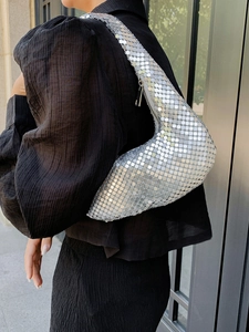 Sac hobo à paillettes argentées en forme de croissant pour femmes, sac sous le bras