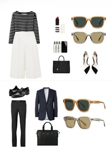 Flat lay collage of vintage square sunglasses in amber and transparent grey finishes
