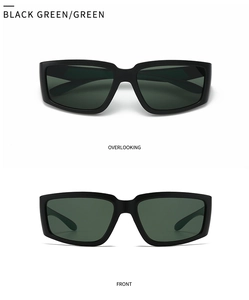 Vues de face et de dessus de lunettes de soleil rectangulaires noir mat avec verres verts
