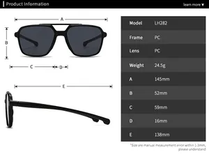 Detailed size chart for modern square sunglasses showing precise PC frame dimensions