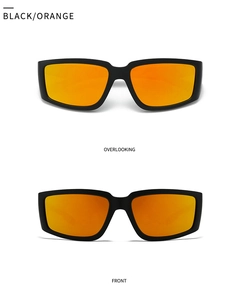 Vues de face et de dessus de lunettes de soleil carrées noires avec verres orange