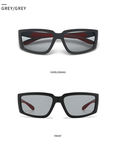Détails de lunettes de soleil carrées avec monture noire mate et intérieur des branches rouge