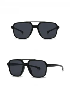 Close-up of black square double-bridge sunglasses showing front and side profile views