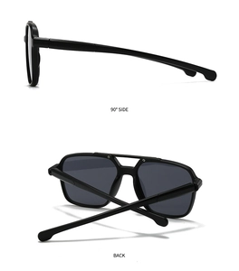 Dual view showing side and back details of black square pilot sunglasses with dual bridge