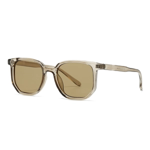 Fashionable square sunglasses with transparent tea-grey frames and dark brown lenses