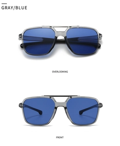 Gray blue square sunglasses with double bridge design shown in front and top views