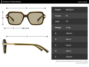 Detailed size specifications for square pilot sunglasses including dimensions and weight