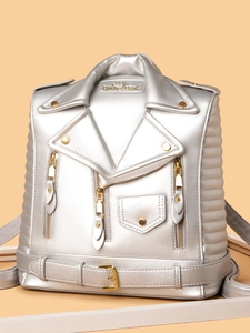 Silver biker jacket style backpack with creative leather textures and metal zippers