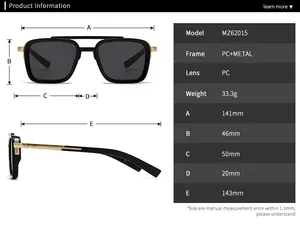 Size chart and specifications for MZ62015 double-bridge square pilot sunglasses