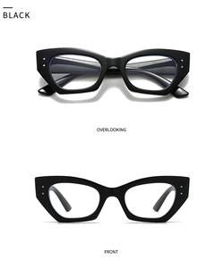 Lunettes de soleil œil de chat ovales noires avec verres bleus reflets, vues de face et haut