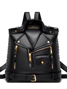 Chic black motorcycle jacket style backpack with gold zippers and metal rivets