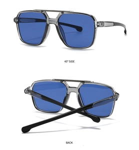 Detail view showing the 45-degree side and back of gray square sunglasses with blue lenses