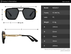 Detailed size chart and dimensions of the retro double-bridge square sunglasses