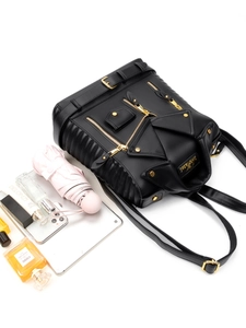 Fashionable black faux leather rivet backpack with creative moto jacket style design