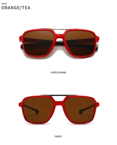 Front and top view of red square frame sunglasses with tea lenses and double bridge