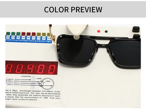 Detail showing UV400 protection test for pilot square sunglasses with gold hinges
