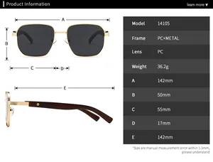 Detailed sizing guide showing frame dimensions for vintage square polarized sunglasses