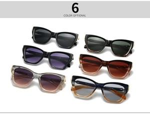 Flat lay display of six colorful retro aviator sunglasses with square frames and metal studs