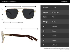 Size chart showing exact dimensions and specifications for square polarized sunglasses