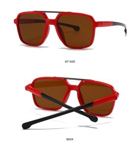 Detail view of red square sunglasses featuring brown lenses and two-tone black red temples