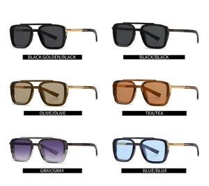 Close-up of pilot square sunglasses showing double bridge design in six assorted colors