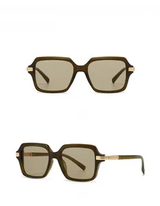 Front and 45-degree side views of retro olive square pilot sunglasses with gold accents