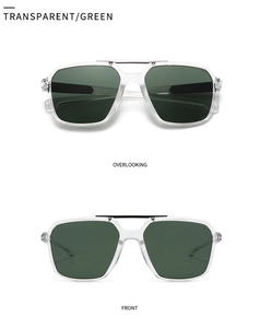 Front and top view of transparent square sunglasses with dark green lenses and metal bar