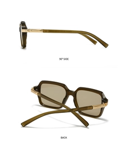 Detail view of olive green pilot sunglasses with gold metal temples and modern square frames