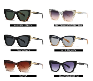 Showcase of six various colorful aviator sunglasses with gold metal temple accents