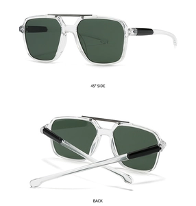 Detail view of square sunglasses showing 45-degree side and back structure