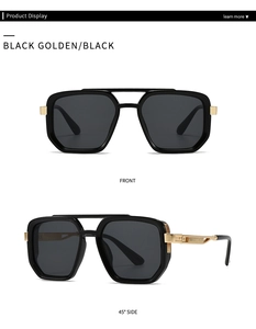 Detailed view of square sunglasses with double bridge and black golden metal cutout temples